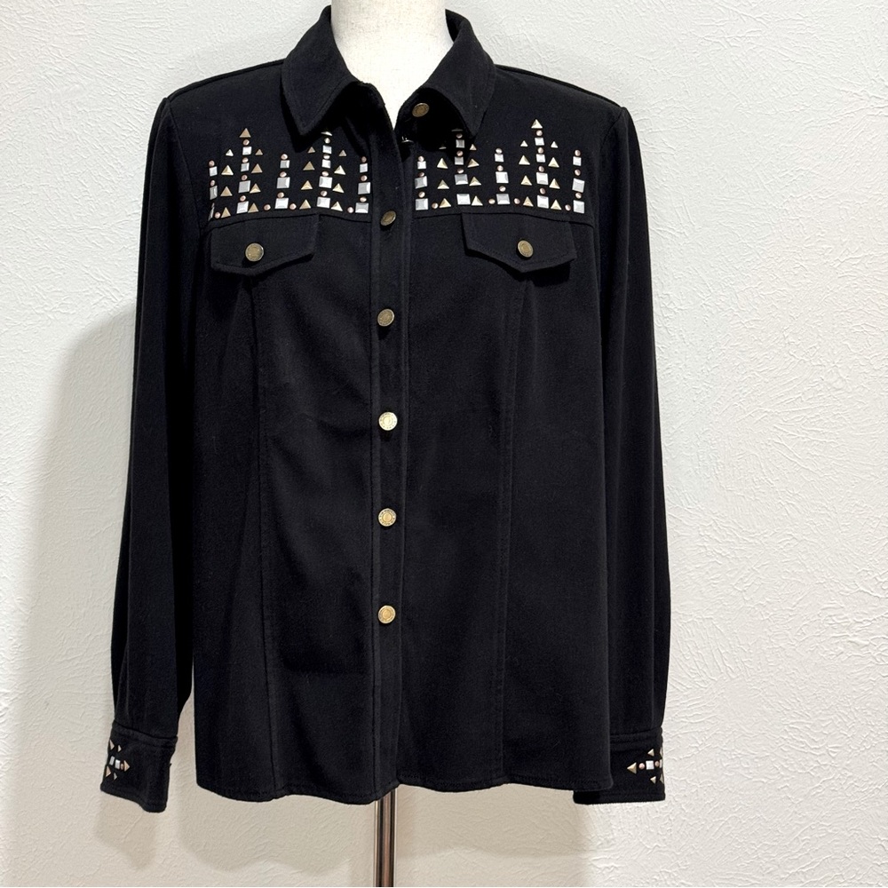 Black Bob Mackie Button Front Jacket with Metal Embellishments Size L